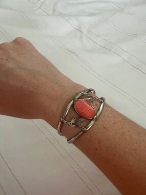 Sterling Silver Cuff Bracelet with Coral Cabochon